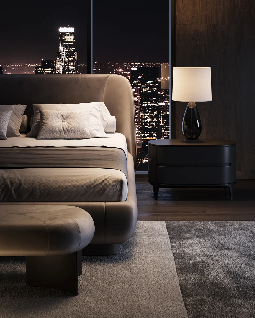 Deluxe velour bed with bedside table and banquette